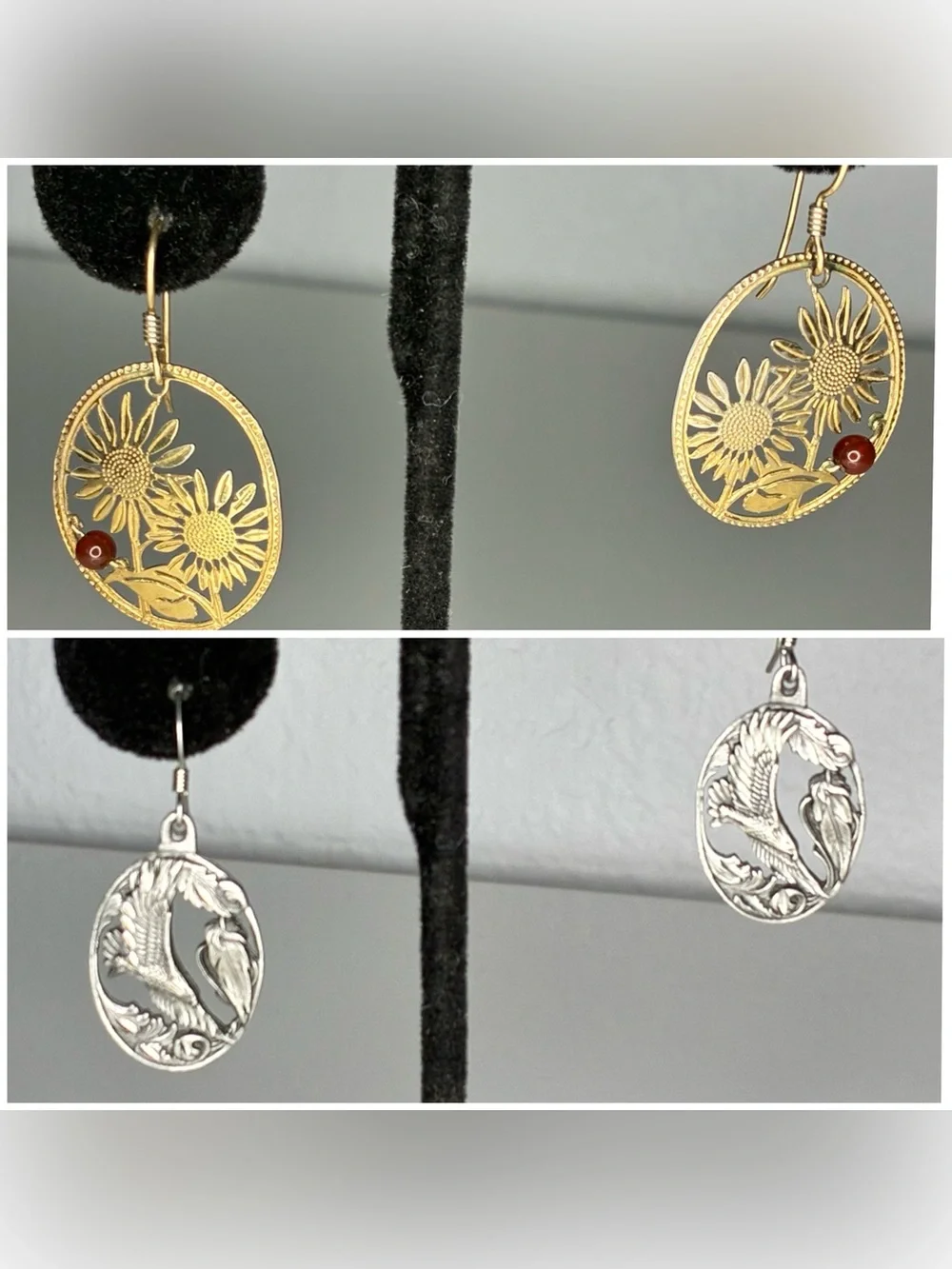 Lot of 2 Signed Dangling Earrings Diamond Cut Eagles  & Golden Beaded Floral EUC